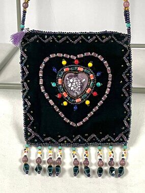 Green Hand Beaded Velvet Heart Mini Bag – Boho Festival Artisan Crossbody